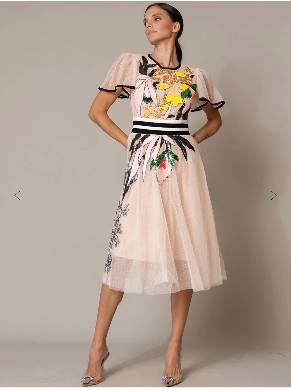 Blush Pink Embroidered Floral Midi Dress with Stripe Waist